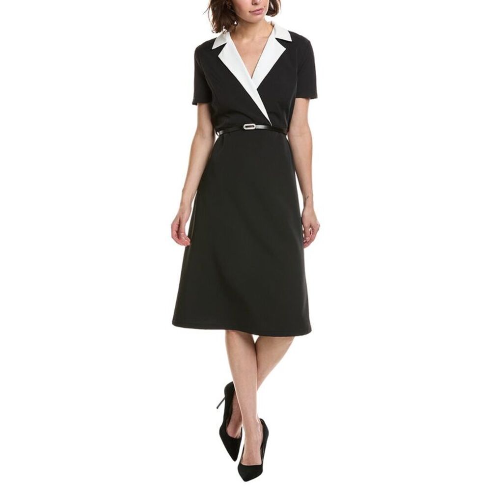 Pascale La Mode Womens Contrast Collar A-Line Dress, Black
